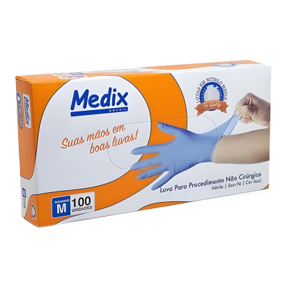 Luva Nitrílica Descartável com Pó Azul Profissional com 100 Unidades Medix