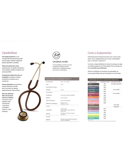Tabela de dados do Estetoscópio Littmann Classic III Adulto Chocolate Cobre