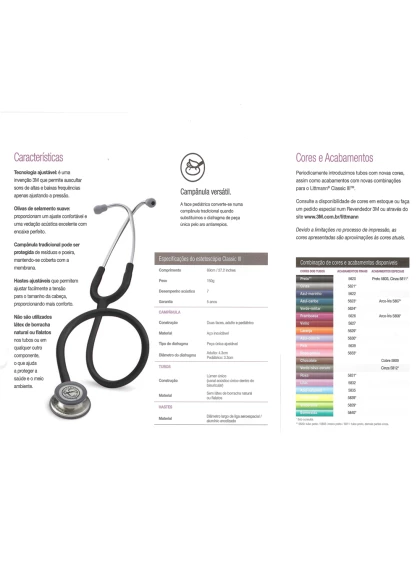 Tabela de dados do Estetoscópio Littmann Classic III Adulto Preto