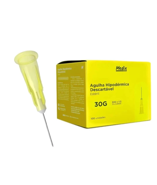 Agulha Hipodérmica Descartável Medix (13x0,30mm) 30Gx1/2 – Caixa com 100 Unidades Estéreis