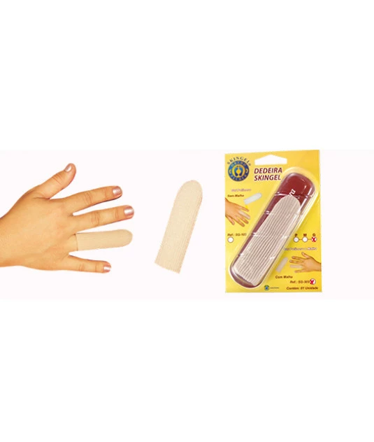 Dedeira de Malha Revestida com Gel P Ortho Pauher na mão, sozinha e na embalagem