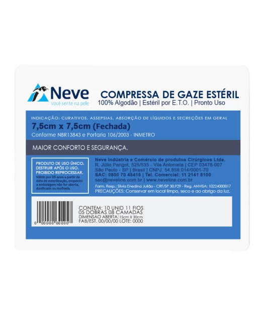 Compressa de Gaze Estéril 7,5x7,5cm 11 Fios com 10 Und Neve