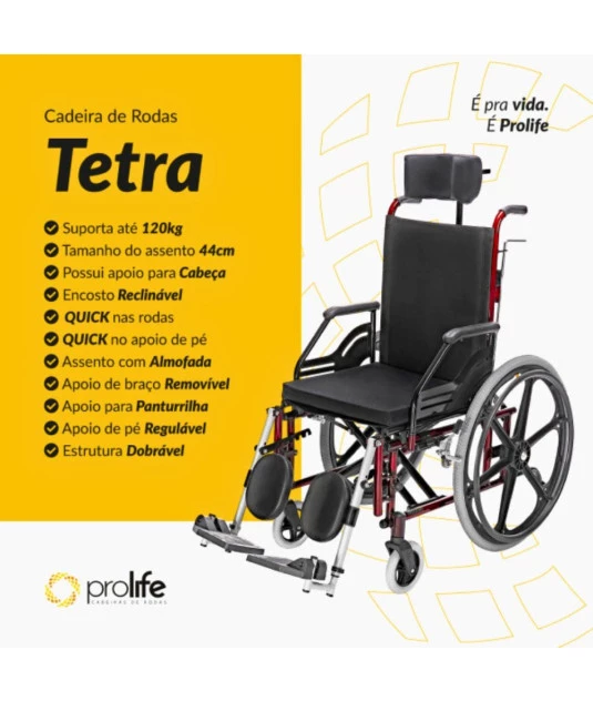 Cadeira de Rodas Reclinável Tetra Prolife Vinho 44cm