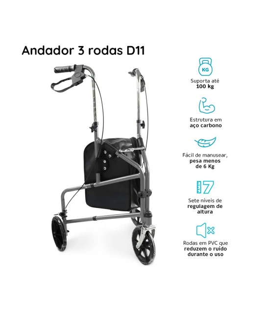 Andador Dobrável 3 Rodas D11 até 100 kg - Dellamed