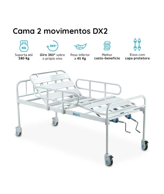 Cama Fawler Simples 2 Manivelas com Grade DX Dellamed