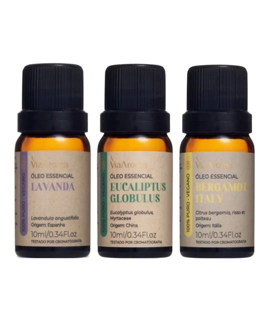 Kit Óleos Essenciais 10ml Via Aroma - Bergamot Italy/Eucaliptus Globulus/Lavanda