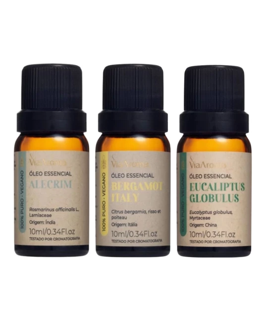 Kit Óleos Essenciais 10ml Via Aroma - Alecrim/Bergamot Italy/Eucaliptus Globulus