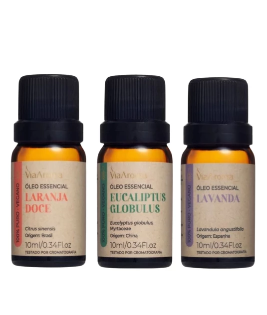 Kit Óleos Essenciais 10ml Via Aroma - Laranja Doce/Eucaliptus Globulus/Lavanda