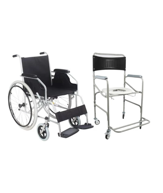 Cadeira de Rodas em Aço Carbono Dobrável D100 Dellamed + Cadeira de Banho Higiênica Dobrável D30 (120 kg) 