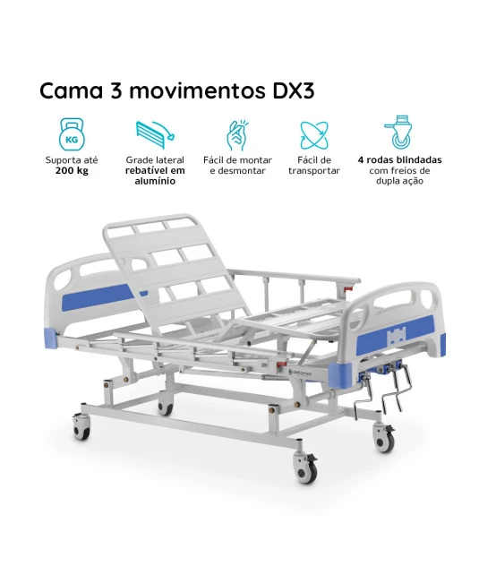 Cama Hospitalar DX3 3 Movimentos até 200 Kg Dellamed