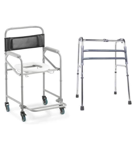 Cadeira de Banho Higiênica Dobrável em Aço D40 + Andador 3 Barras Dobrável Regulável Alumínio Supermedy 100Kg