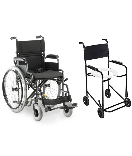 Cadeira de Rodas em Aço Carbono Dobrável D400 Dellamed + Cadeira de Banho Higiênica Simples PL 201 Prolife