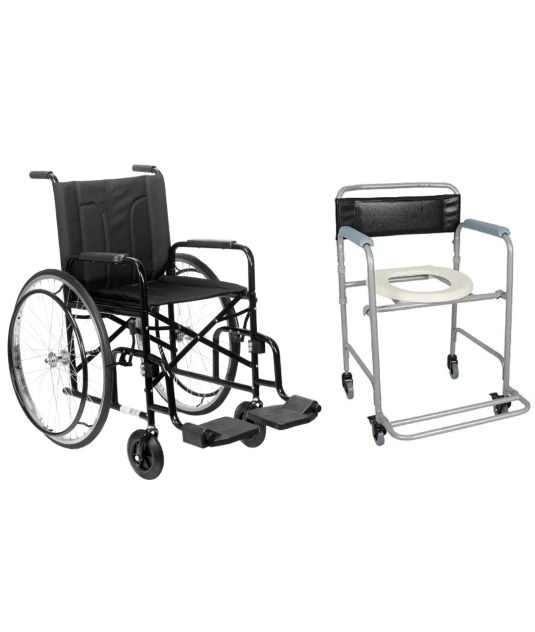 Cadeira de Rodas M2000 com Pneus Maciços 40cm (85kg) Preta - CDS + Cadeira de Banho Higiênica Dobrável Até 100 Kg D30 Dellamed