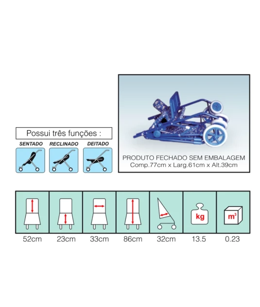 Carrinho Postural Zeus 2803 Reclinavel 30 Kl Zeus