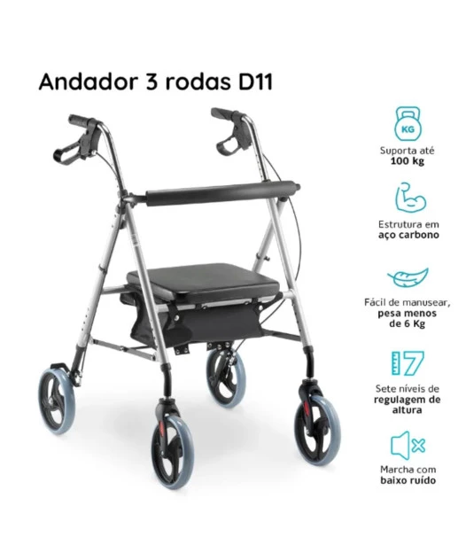 Andador com 4 Rodas Assento e Cesta D12 Dellamed