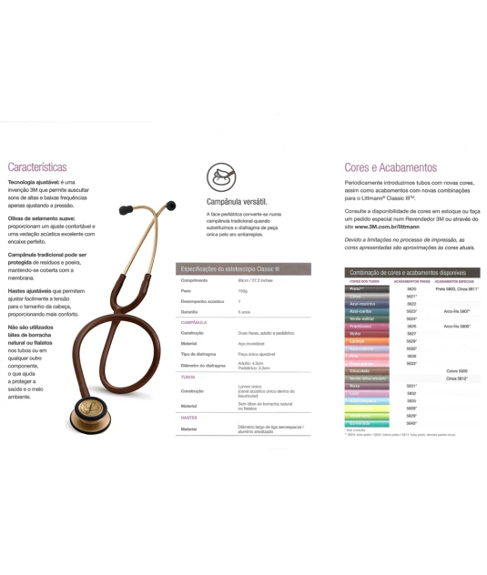Tabela de dados do Estetoscópio Littmann Classic III Adulto Chocolate Cobre