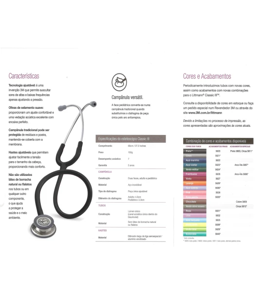 Tabela de dados do Estetoscópio Littmann Classic III Adulto Preto