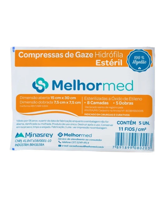 Compressa de Gaze Esteril 7,5x7,5 11 Fios c/ 5uni Melhormed