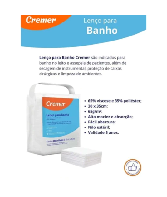 Lenço Para Banho e Higienização 30cm X 35cm com 100 Cremer