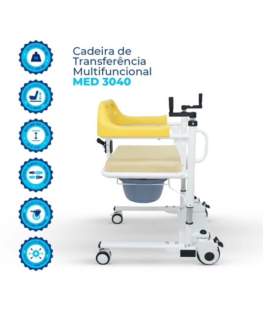 Cadeira de Transferência Multifuncional até 120kg MED 3040 - 4 em 1 com Elevação Manual e Assento Regulável 