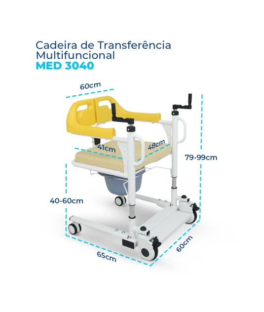 Cadeira de Transferência Multifuncional até 120kg MED 3040 - 4 em 1 com Elevação Manual e Assento Regulável 