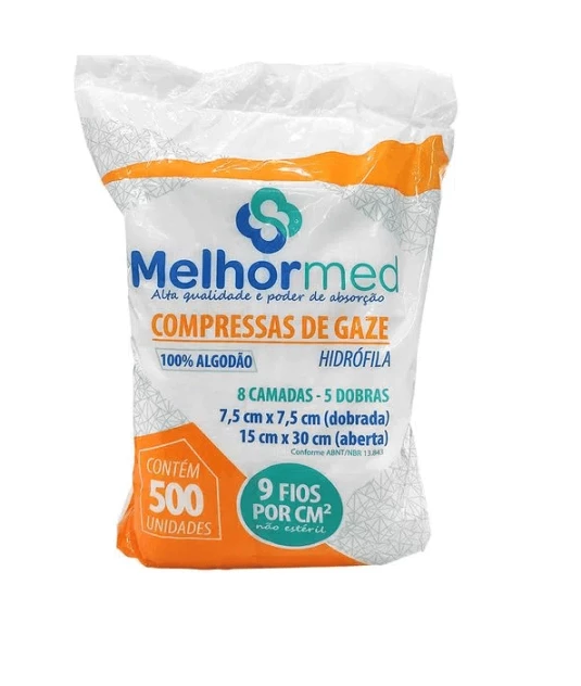 Compressa de Gaze 7,5x7,5cm de 9 Fios com 500 Und Melhormed