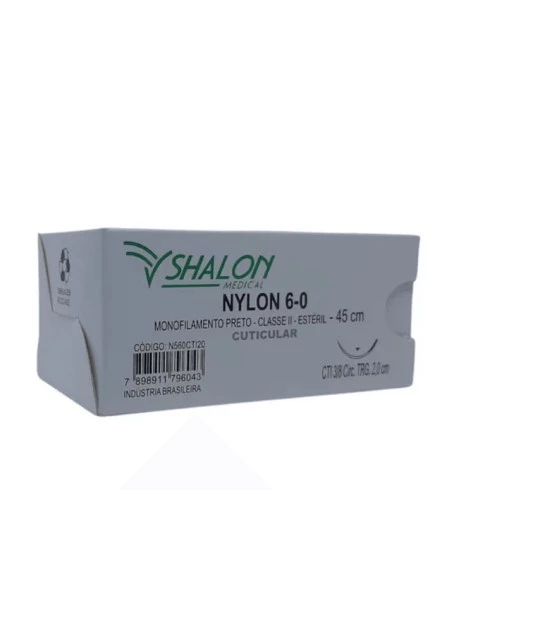 Fio nylon 6-0 c/ag 3/8 cir trg 3,0cm 45cm SHALON unidade 