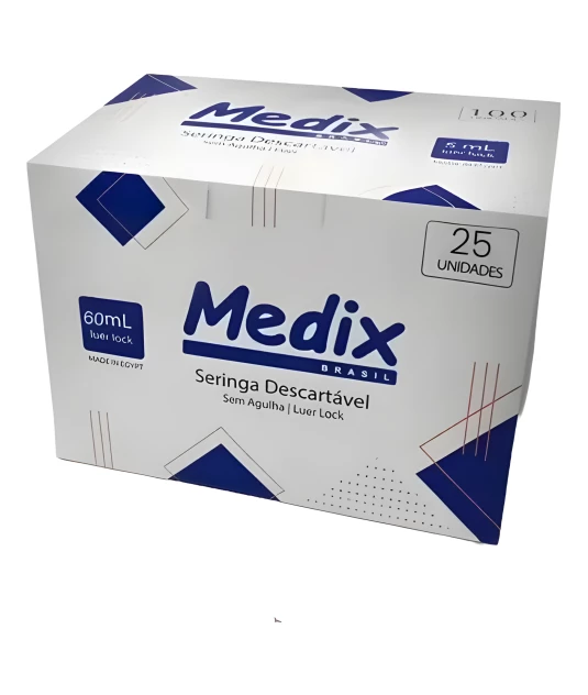 Seringa 60ml Luer Lock Descartável Sem Agulha 25 Unidades Medix