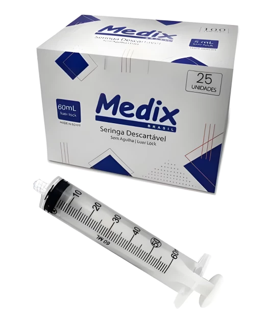 Seringa 60ml Luer Lock Descartável Sem Agulha 25 Unidades Medix
