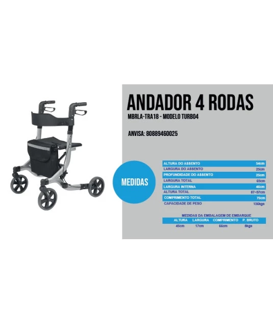 Andador 4 Rodas Dobrável até 130kg New Joy - Mobil 