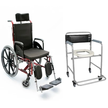 Cadeira de Rodas Reclinável Tetra 44cm Vinho - Prolife + Cadeira de Banho Higiênica Dobrável D30 (100kg) - Dellamed