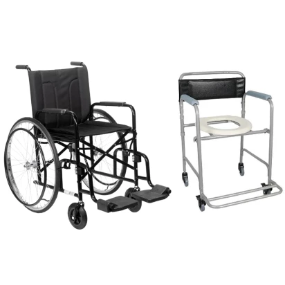Cadeira de Rodas M2000 com Pneus Maciços 40cm (85kg) Preta - CDS + Cadeira de Banho Higiênica Dobrável Até 100 Kg D30 Dellamed