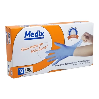 Luva Nitrílica Descartável com Pó Azul Profissional com 100 Unidades Medix