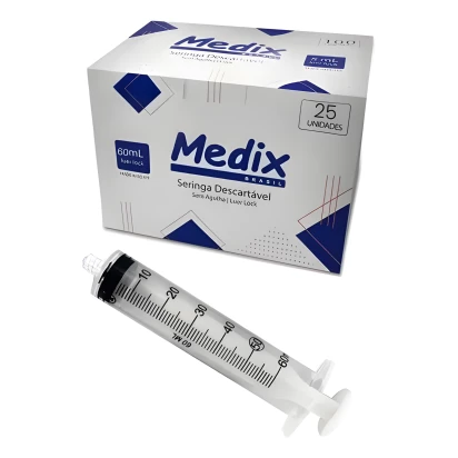 Seringa 60ml Luer Lock Descartável Sem Agulha 25 Unidades Medix